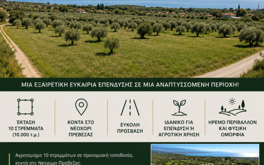 ΠΩΛΕΙΤΑΙ ΑΓΡΟΤΕΜΑΧΙΟ 10 ΣΤΡΕΜΜΑΤΩΝ – ΚΟΝΤΑ ΣΤΟ ΝΕΟΧΩΡΙ ΠΡΕΒΕΖΑΣ